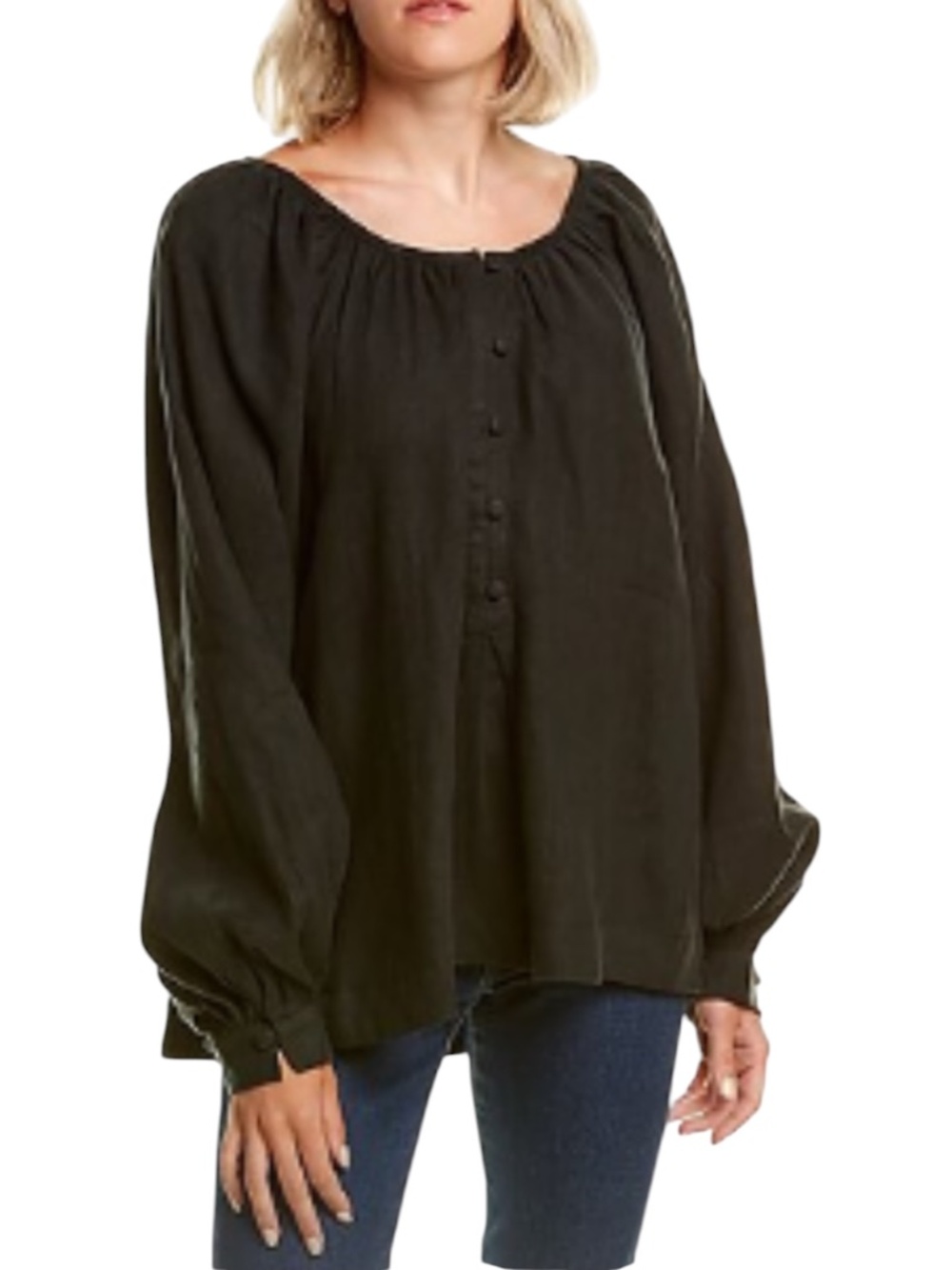 FIL DE VIE BLACK AMAGANSETT BALLOON SLEEVE LOOSE FIT LINEN BLOUSE